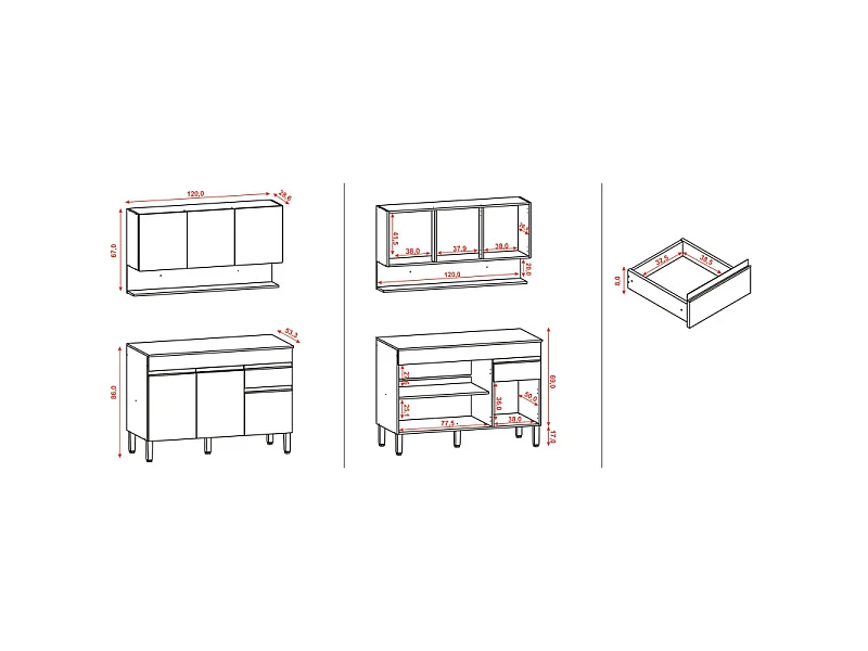 Cuisine Equipée 6 Portes 1 Tiroir Chêne et Blanc 9 NIches L 120 H 200 P 53.3 cm