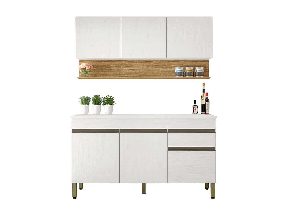 Cuisine Equipée 6 Portes 1 Tiroir Chêne et Blanc 7 NIches L 120 H 200 P 53.3 cm