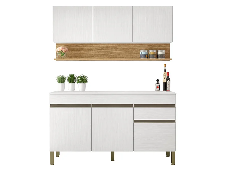 Cuisine Equipée 6 Portes 1 Tiroir Chêne et Blanc 9 NIches L 120 H 200 P 53.3 cm