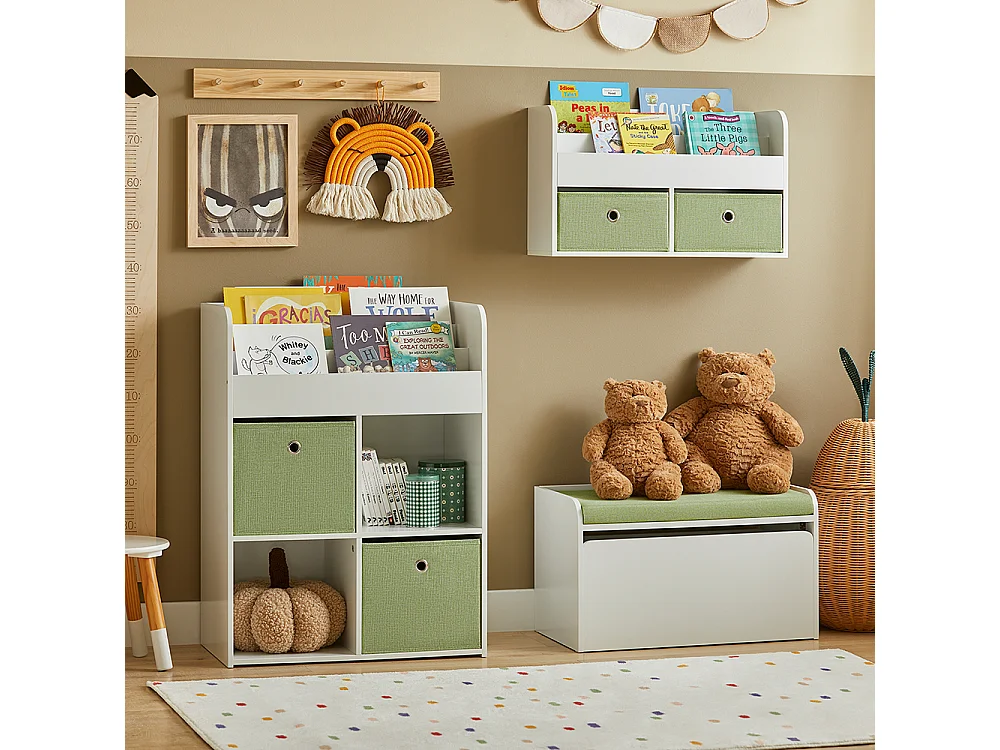 Libreria Per Bambini Mensola A Muro Con Due Scatole Di Giocattoli 60x20x36 Cm Bianco KMB81-W SoBuy