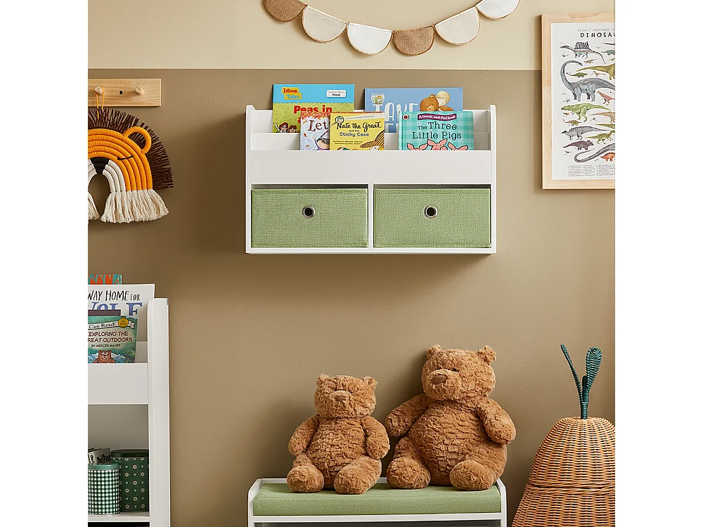 Libreria Per Bambini Mensola A Muro Con Due Scatole Di Giocattoli 60x20x36 Cm Bianco KMB81-W SoBuy