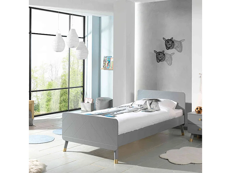 Lit enfant 90x200 en bois massif gris + chevet enfant gris 2 tiroirs - CB2031