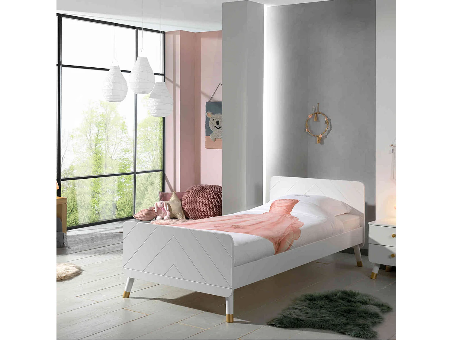 Lit enfant 90x200 en bois massif blanc + chevet enfant blanc 2 tiroirs - CB2031