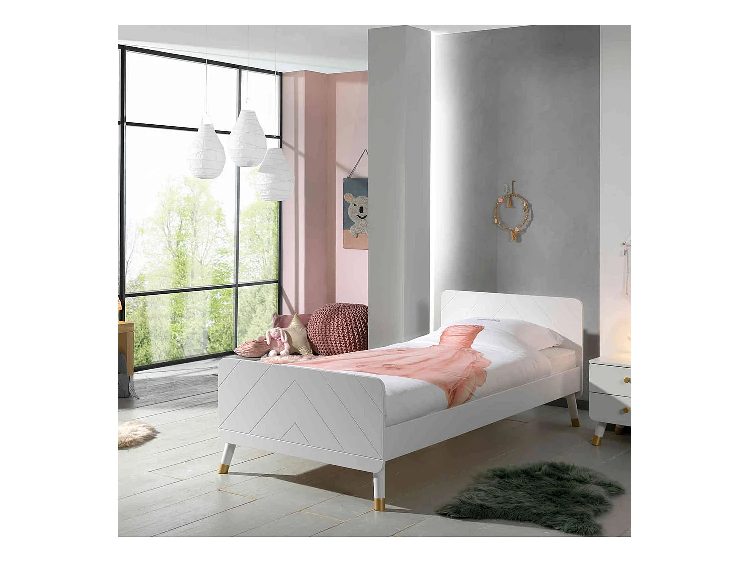 Lit enfant 90x200 en bois massif blanc + chevet enfant blanc 2 tiroirs - CB2031