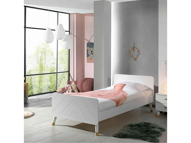 Lit enfant 90x200 en bois massif blanc + chevet enfant blanc 2 tiroirs - CB2031