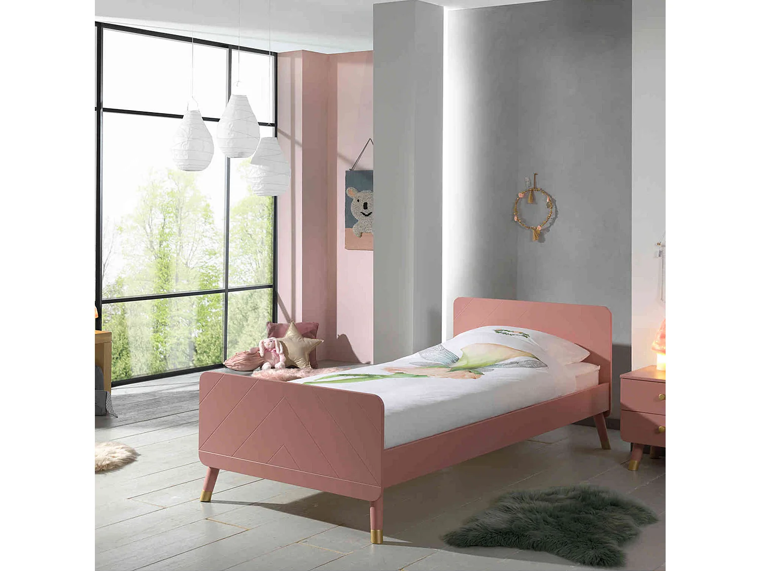 Lit enfant 90x200 en bois massif rose + chevet enfant rose 2 tiroirs - CB2031