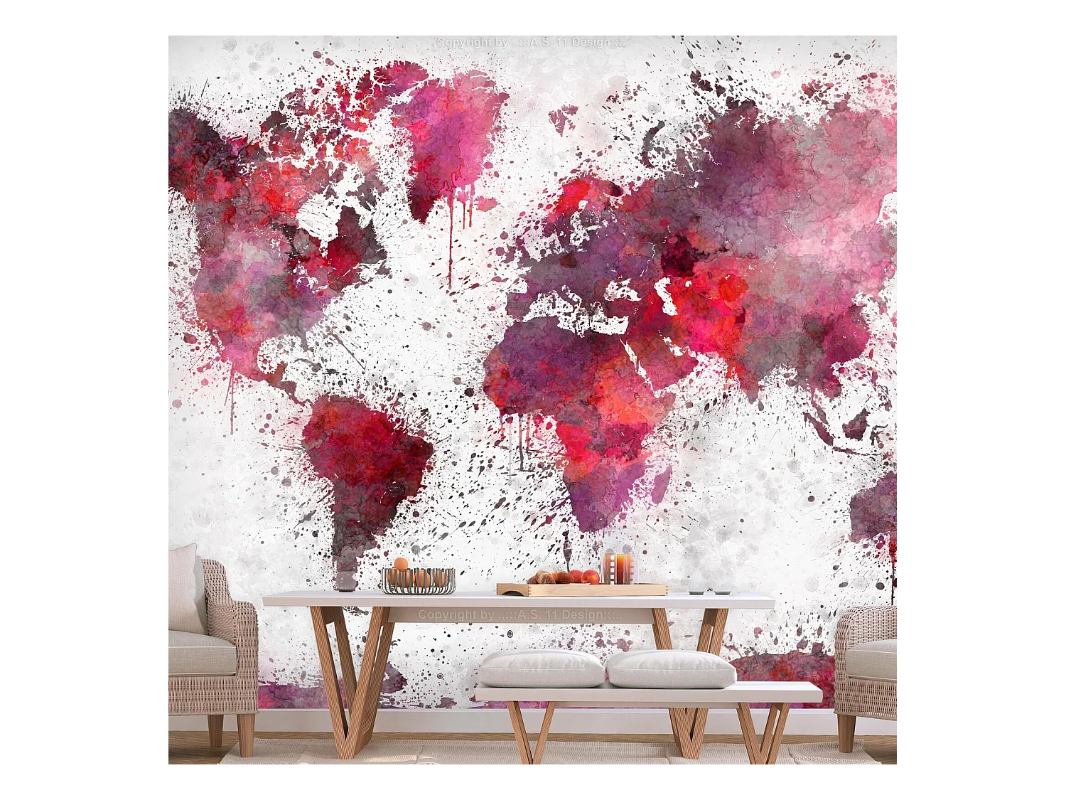 Papier peint aquarelles rouges de carte du monde - 400 x 280 cm