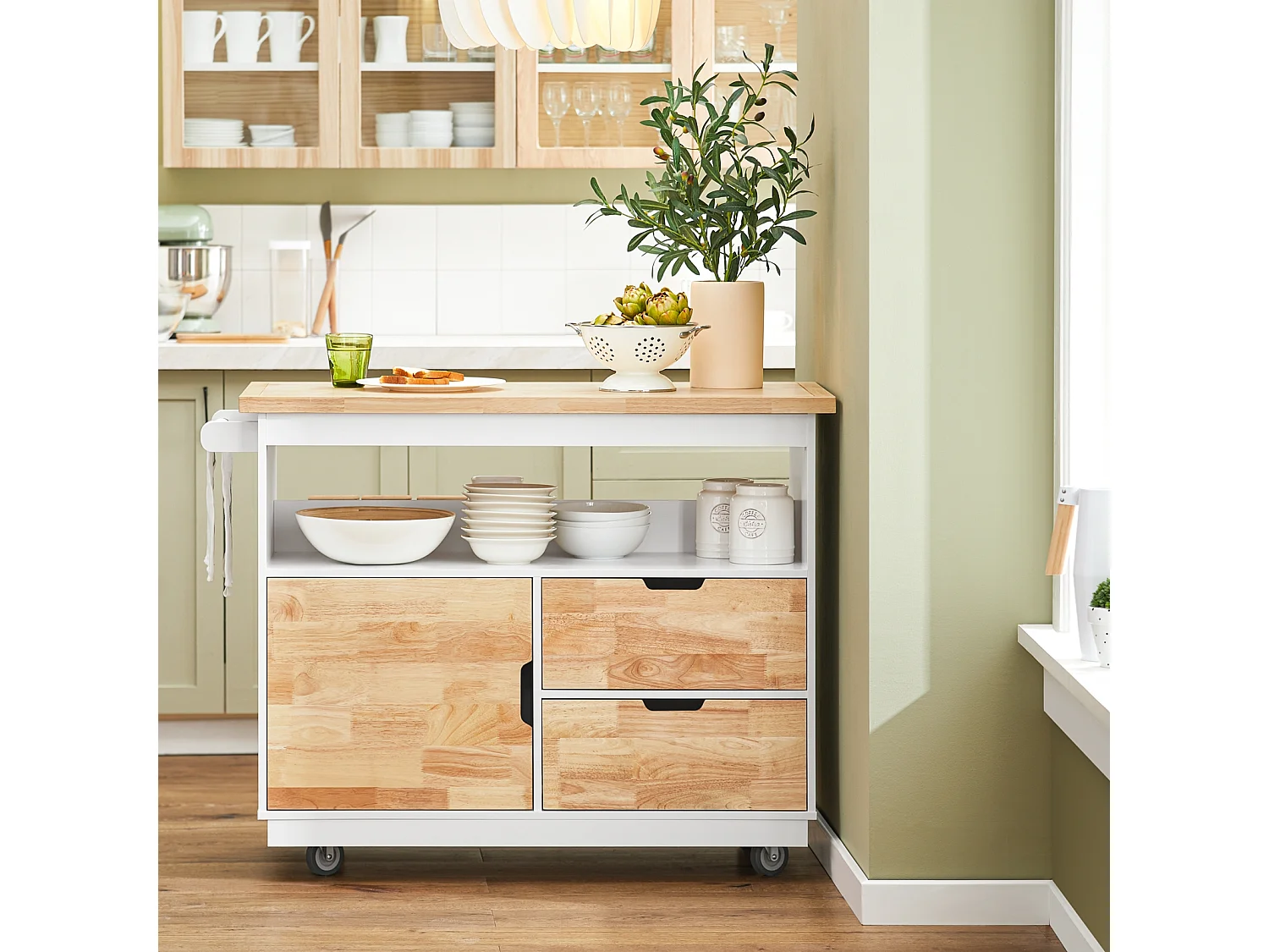 SoBuy FKW107-II-WN Desserte Roulante Chariot de Cuisine Meuble de Rangement Buffet Multifonctionnel avec Etagère à Epices, 1 Porte et 2 tiroirs