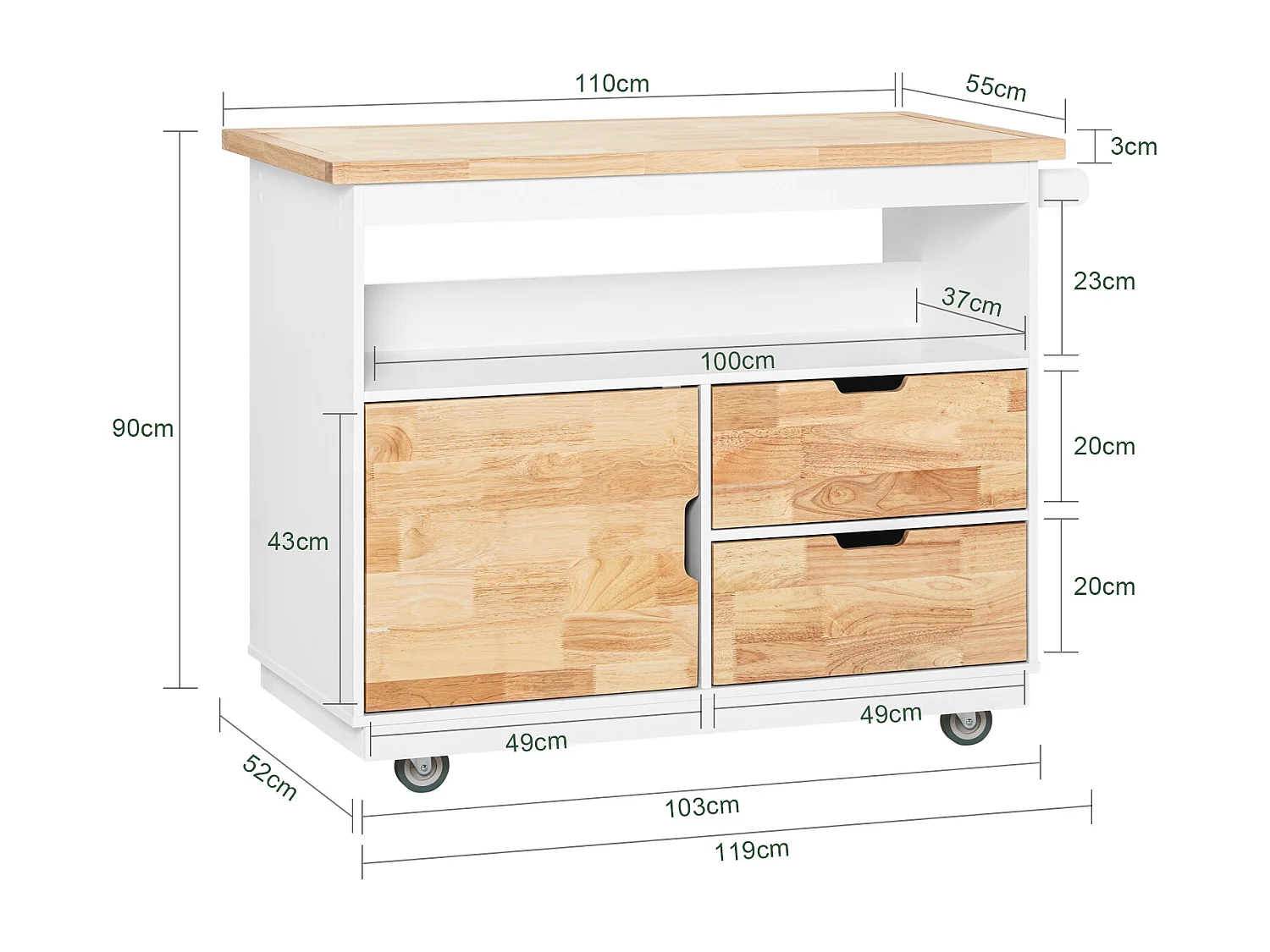 SoBuy FKW107-II-WN Desserte Roulante Chariot de Cuisine Meuble de Rangement Buffet Multifonctionnel avec Etagère à Epices, 1 Porte et 2 tiroirs