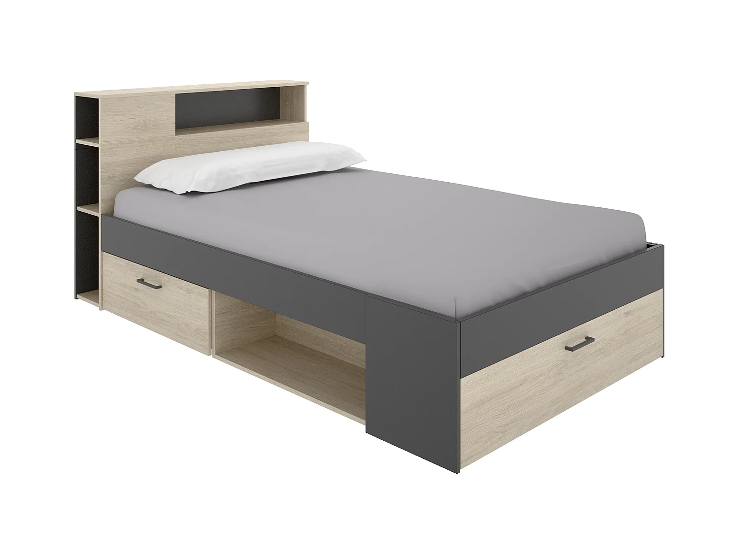 Lit avec tête de lit rangements et tiroirs - 120 x 190cm - Coloris : Naturel et anthracite - LEANDRE