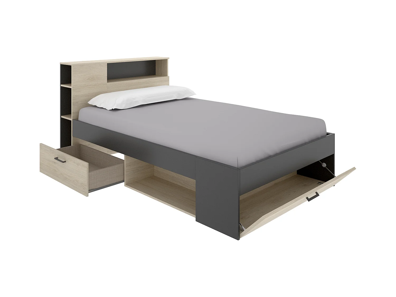 Lit avec tête de lit rangements et tiroirs - 120 x 190cm - Coloris : Naturel et anthracite - LEANDRE