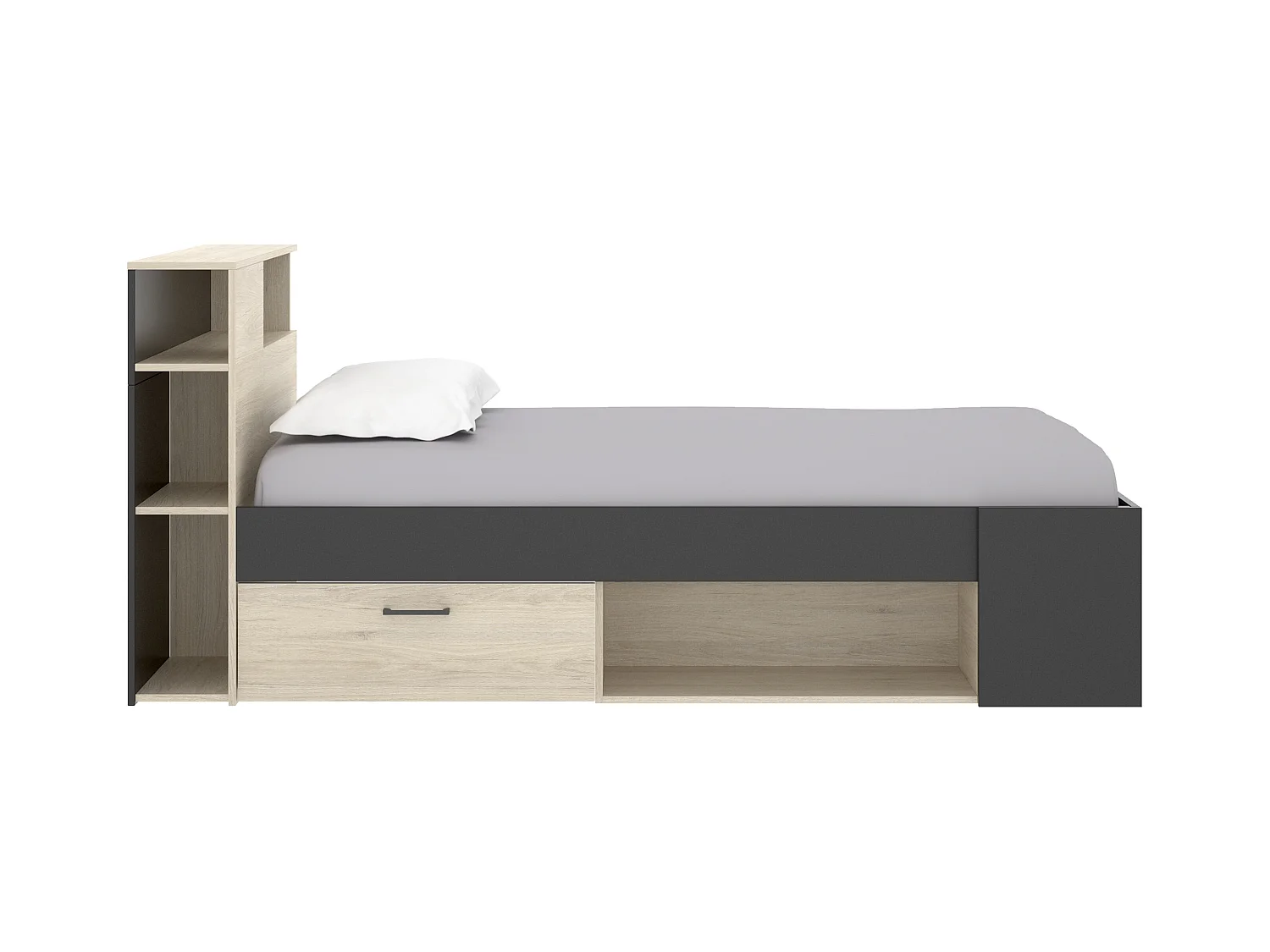 Lit avec tête de lit rangements et tiroirs - 120 x 190cm - Coloris : Naturel et anthracite - LEANDRE