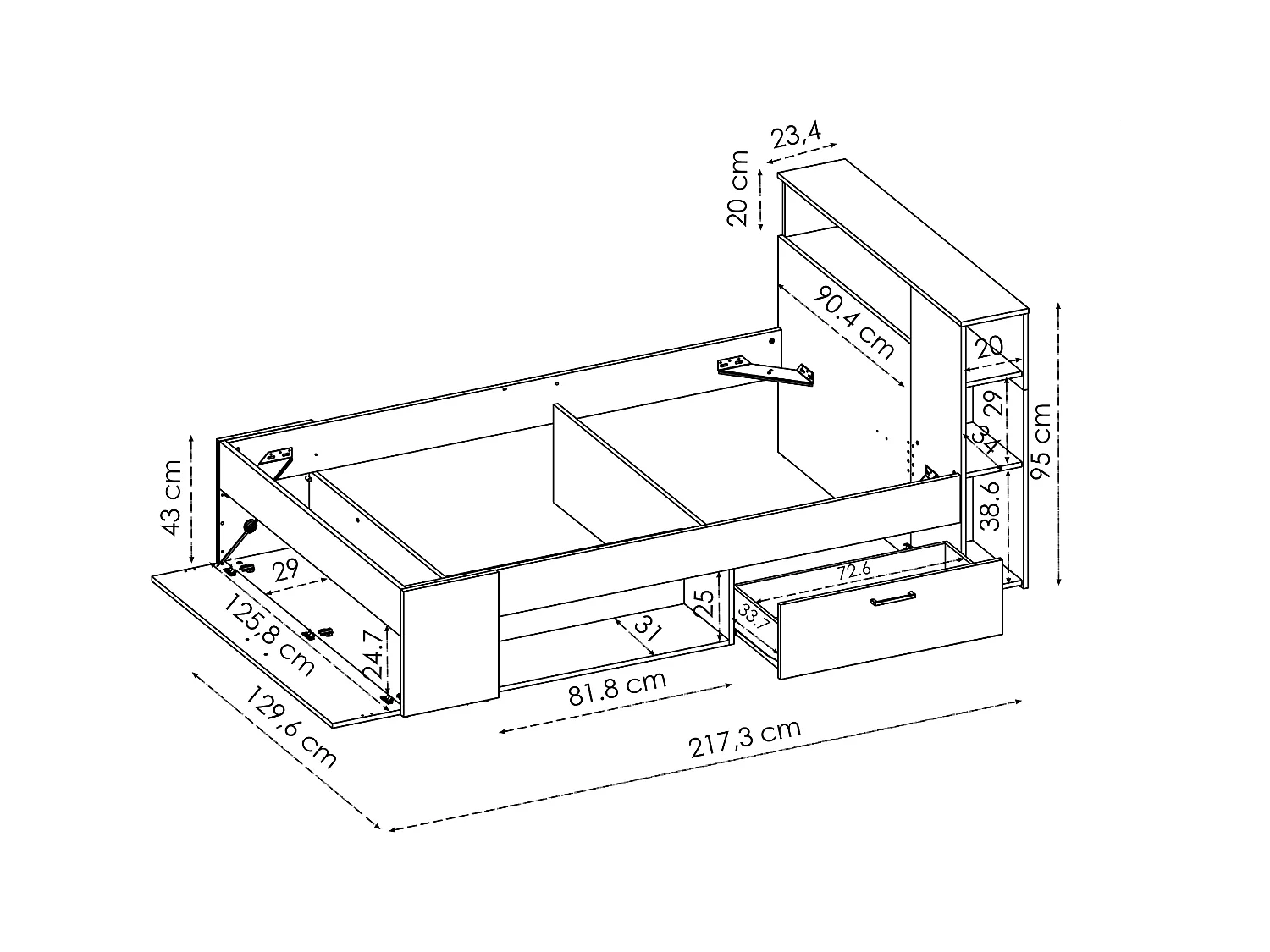 Lit avec tête de lit rangements et tiroirs - 120 x 190cm - Coloris : Naturel et anthracite - LEANDRE