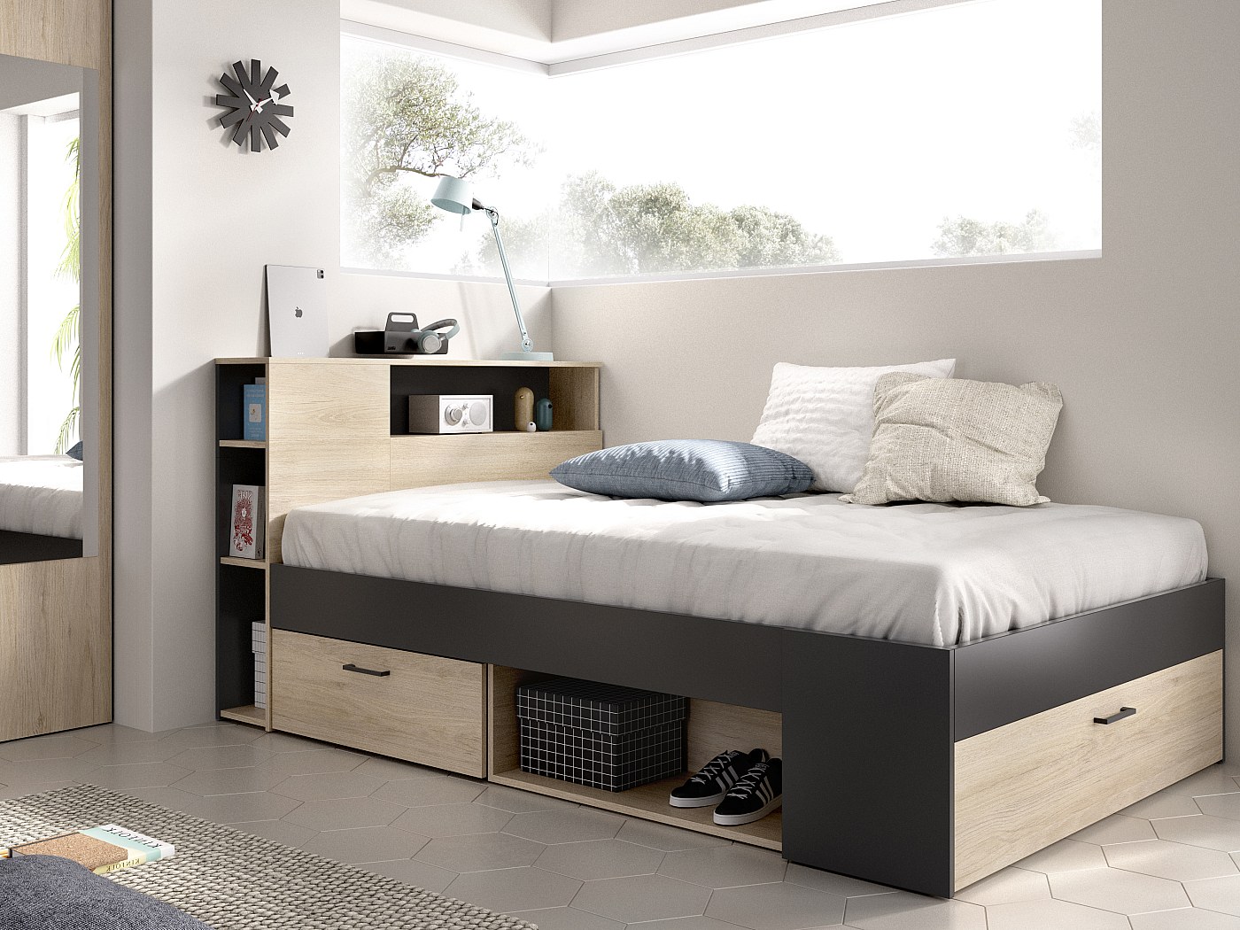 Lit avec tête de lit rangements 120 x 190 cm coloris naturel et ...