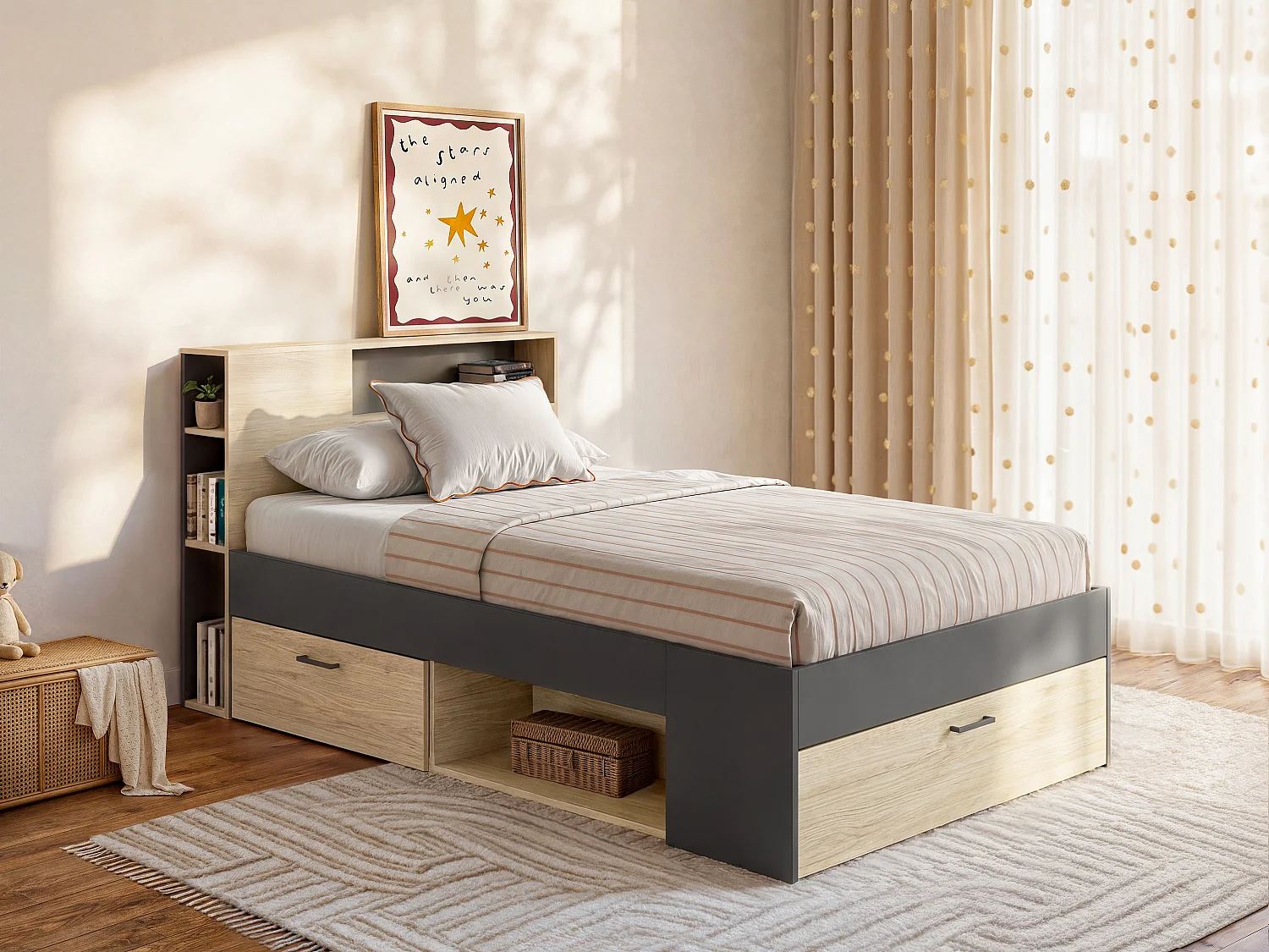 Bett mit Kopfteil, Stauraum & Schubladen - 120 x 190 cm - Holzfarben & Anthrazit - LEANDRE