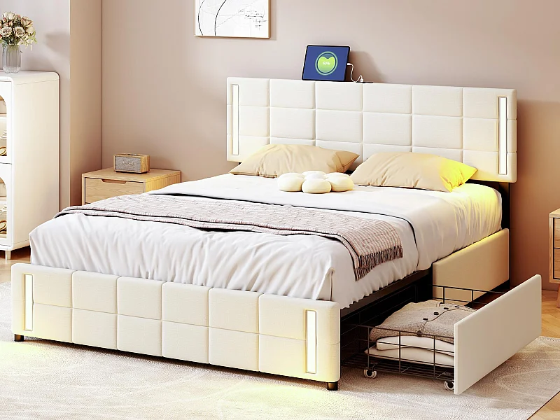 Lit capitonné 140x200cm avec 4 tiroirs + LED et 2 ports USB + sommier à lattes - tissu en lin - beige