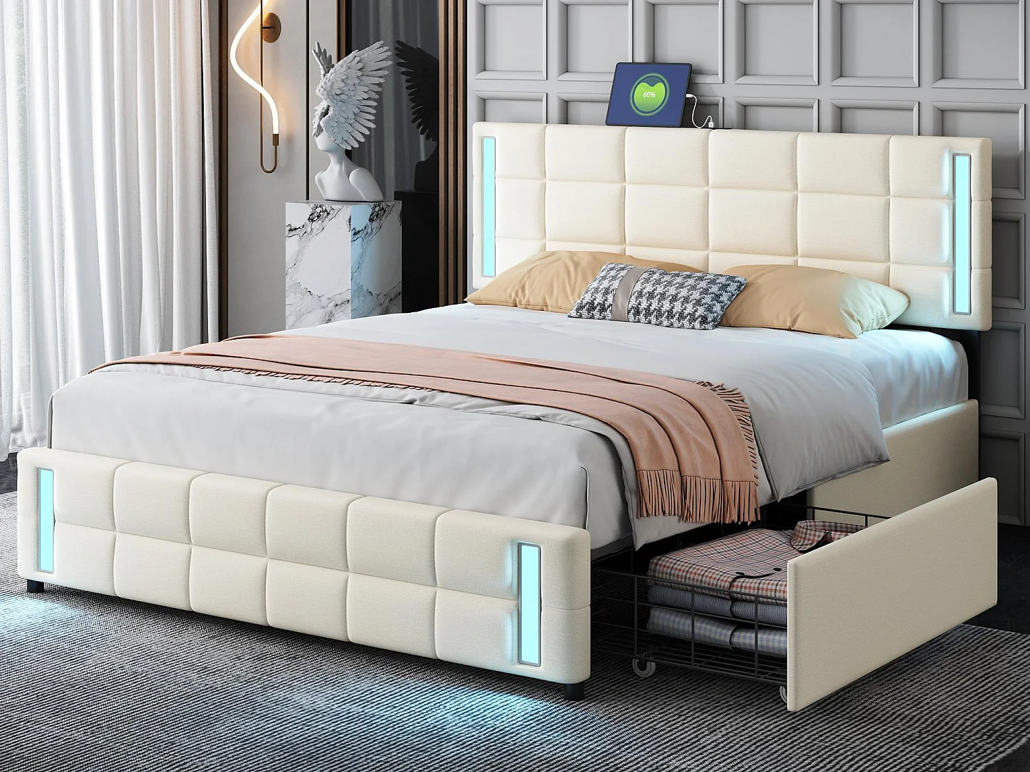 Gestoffeerd bed 140x200cm met 4 lades + LED en 2 USB-poorten + lattenbodem - linnen stof - beige