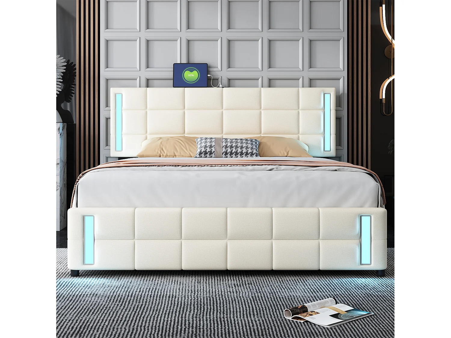 Gestoffeerd bed 140x200cm met 4 lades + LED en 2 USB-poorten + lattenbodem - linnen stof - beige