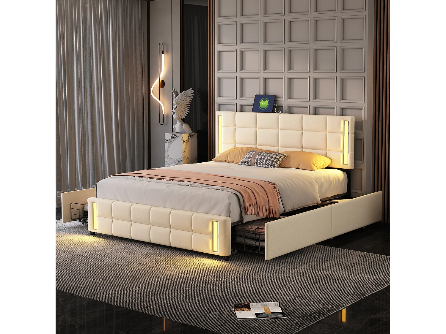 Gestoffeerd bed 140x200cm met 4 lades + LED en 2 USB-poorten + lattenbodem - linnen stof - beige