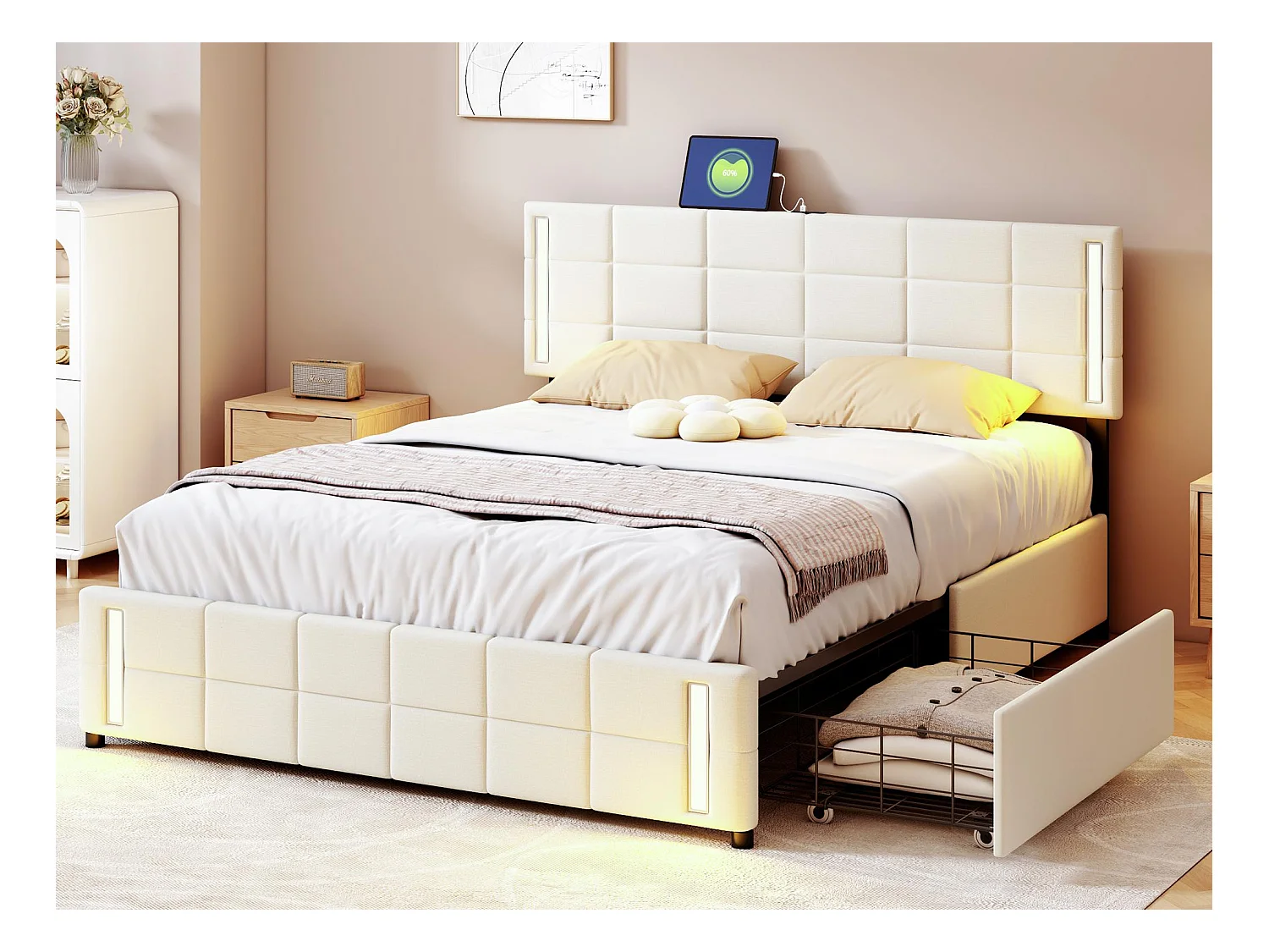 Lit capitonné 140x200cm avec 4 tiroirs + LED et 2 ports USB + sommier à lattes - tissu en lin - beige