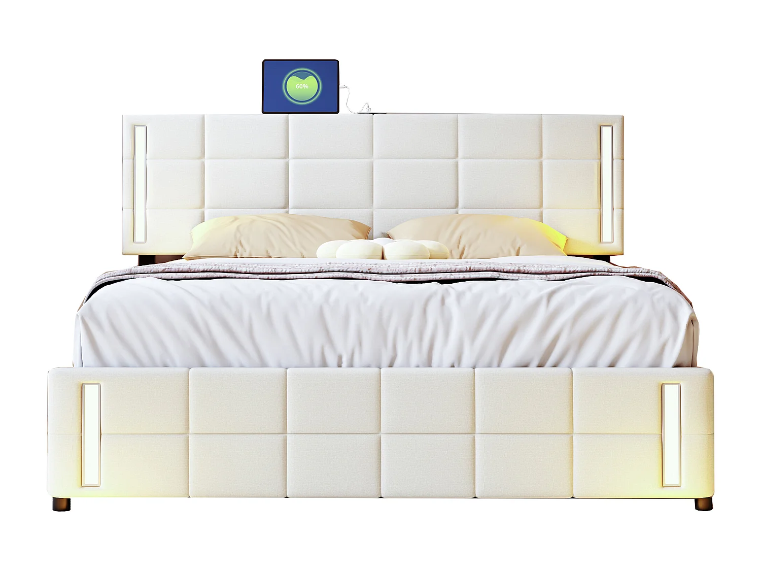 Gestoffeerd bed 140x200cm met 4 lades + LED en 2 USB-poorten + lattenbodem - linnen stof - beige