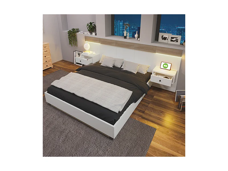 Lit adulte 140x200cm avec chevets suspendus + LED et ports USB + sommier à lattes - bois - blanc