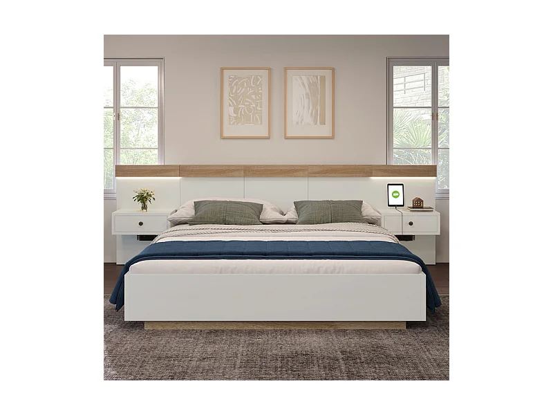 Lit adulte 140x200cm avec chevets suspendus + LED et ports USB + sommier à lattes - bois - blanc