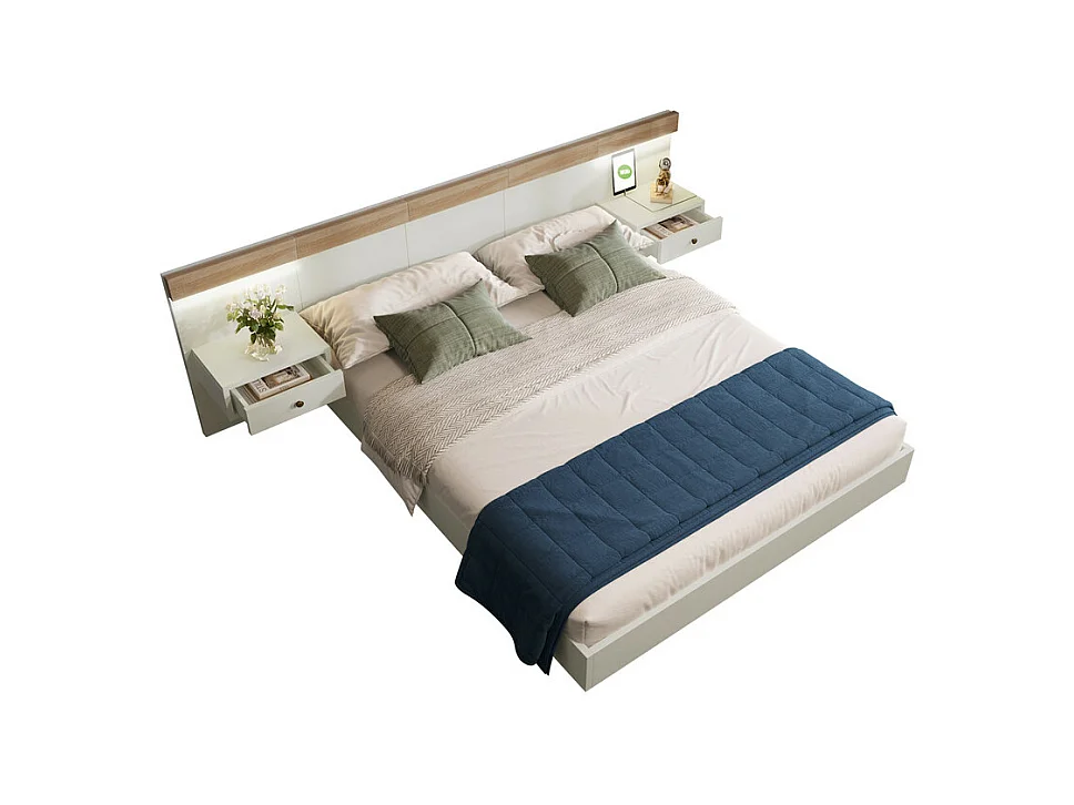 Lit adulte 140x200cm avec chevets suspendus + LED et ports USB + sommier à lattes - bois - blanc