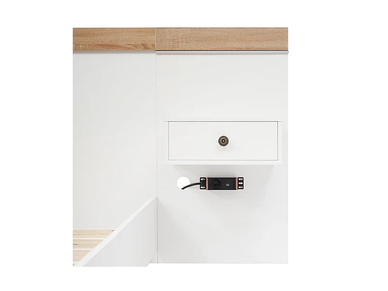 Lit adulte 140x200cm avec chevets suspendus + LED et ports USB + sommier à lattes - bois - blanc