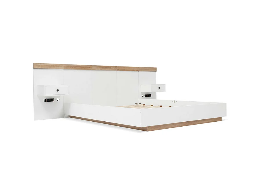 Lit adulte 140x200cm avec chevets suspendus + LED et ports USB + sommier à lattes - bois - blanc