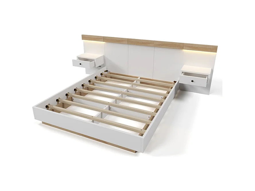 Lit adulte 140x200cm avec chevets suspendus + LED et ports USB + sommier à lattes - bois - blanc