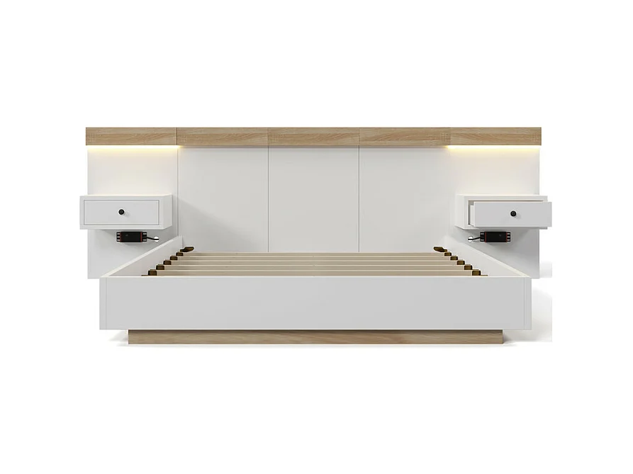 Lit adulte 140x200cm avec chevets suspendus + LED et ports USB + sommier à lattes - bois - blanc