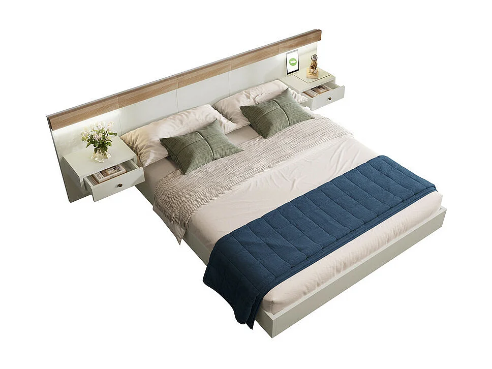 Volwassen bed 140x200cm met hangende nachtkastjes + LED- en USB-poorten + lattenbodem - hout - wit