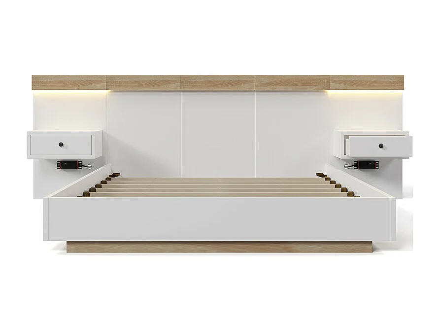 Volwassen bed 140x200cm met hangende nachtkastjes + LED- en USB-poorten + lattenbodem - hout - wit