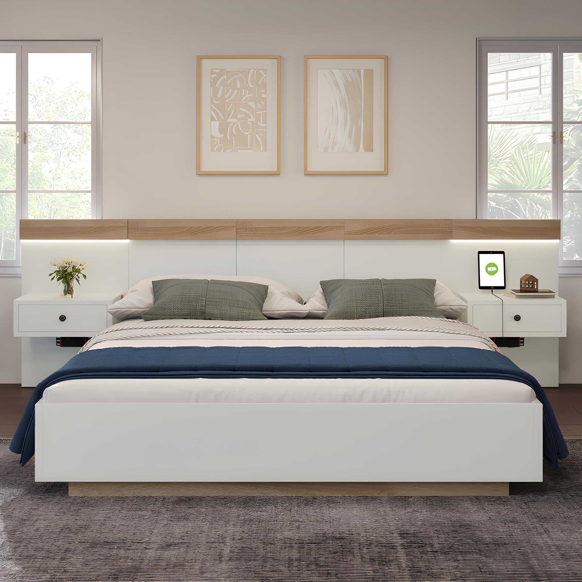 Cama para adultos 160x200 cm con mesitas de noche colgantes + puertos LED y  USB + somier - madera - blanco