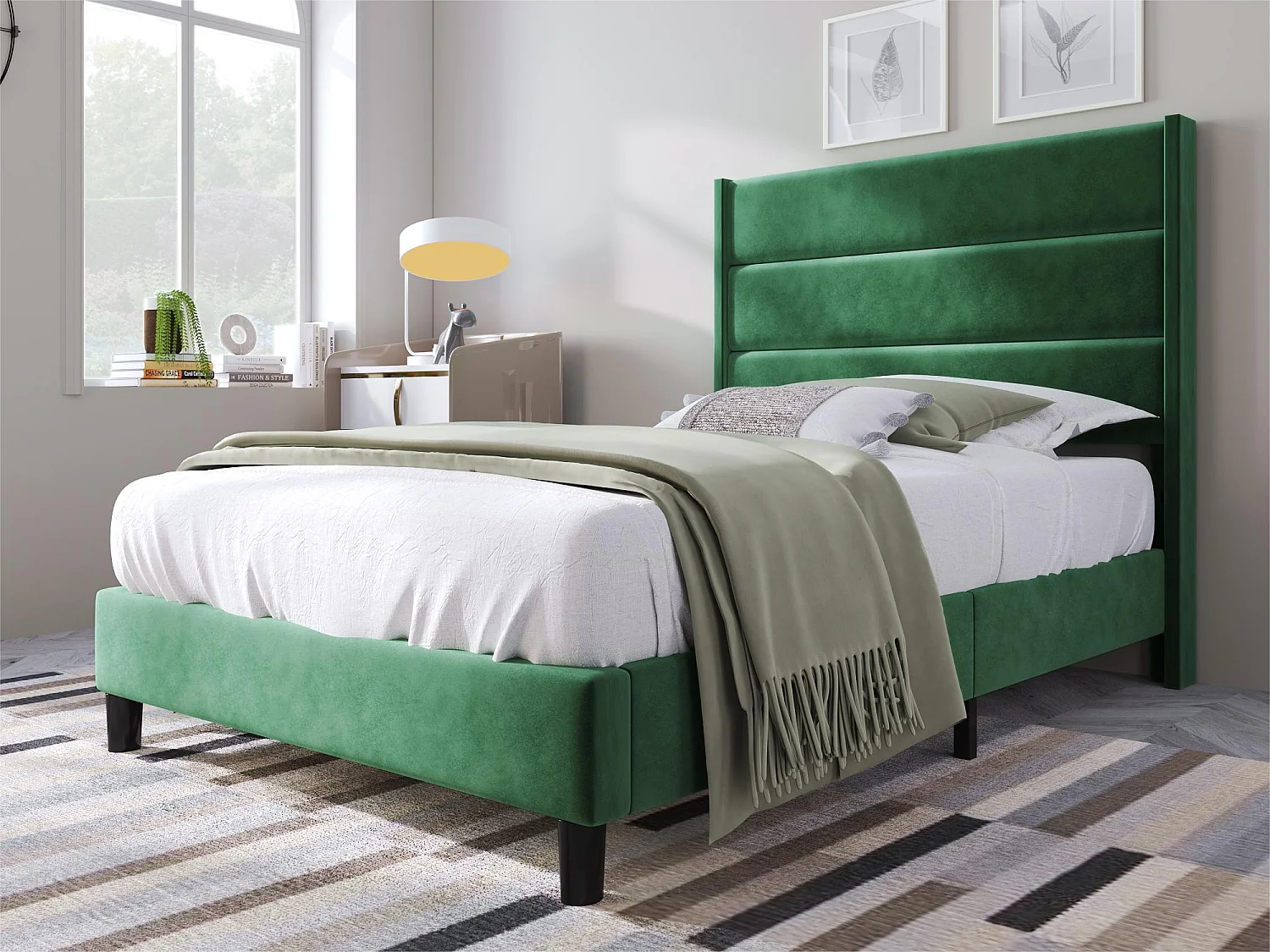 Fluweel gestoffeerd bed - 90x200cm - eigentijdse stijl - Groen