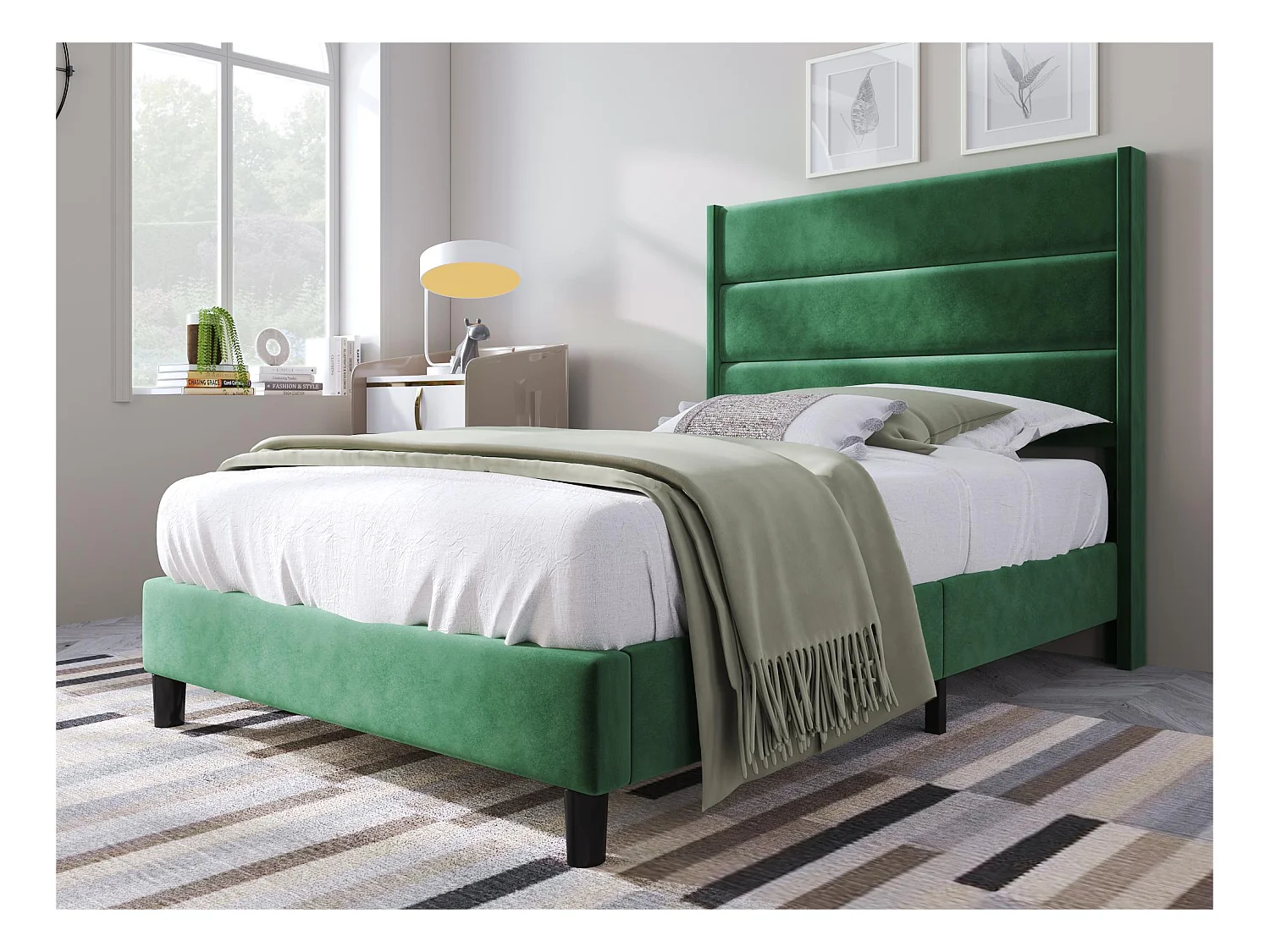 Lit rembourré en velours - 90x200cm - style contemporain - Vert