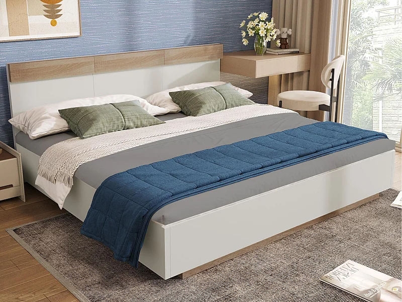 Bett für Erwachsene 160x200cm - Schwebebett mit Lattenrost - Holzrahmen - Weiß