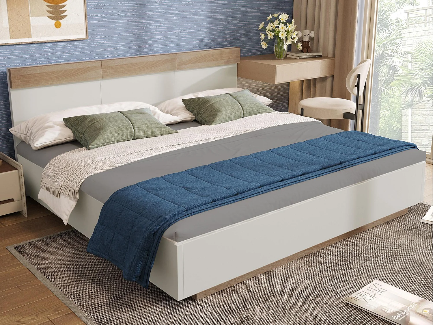 Bett für Erwachsene 160x200cm - Schwebebett mit Lattenrost - Holzrahmen - Weiß