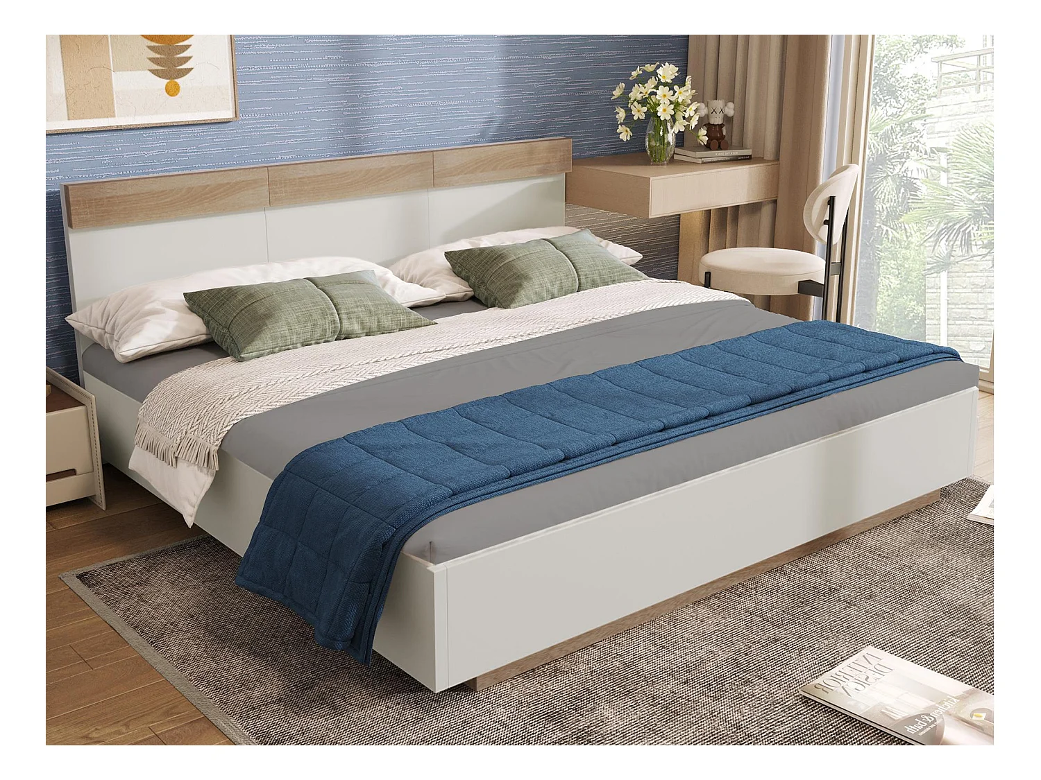 Lit adulte 160x200cm - lit flottant avec sommier à lattes - cadre en bois - blanc