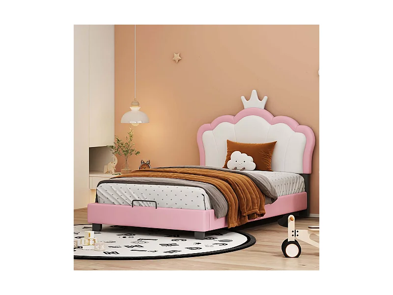 Kinderbett mit kronenförmigem Kopfteil + Lattenrost – 90x200cm – Leder – Rosa