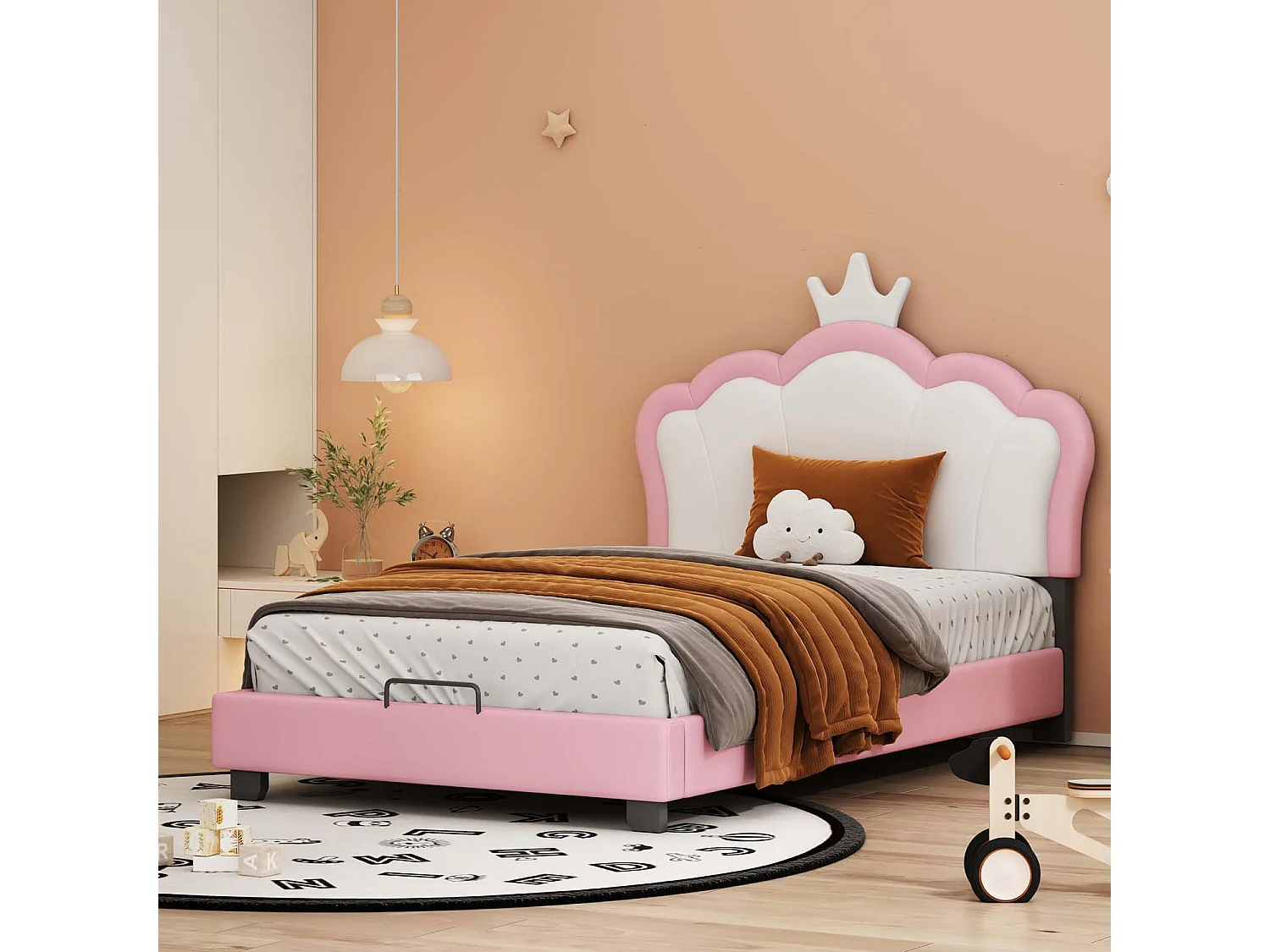 Lit enfant avec tête de lit en forme de couronne + sommier à lattes - 90x200cm - similicuir - Rose