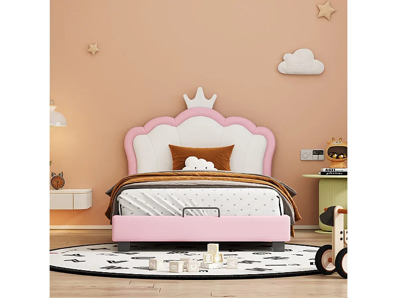 Lit enfant avec tête de lit en forme de couronne + sommier à lattes - 90x200cm - similicuir - Rose