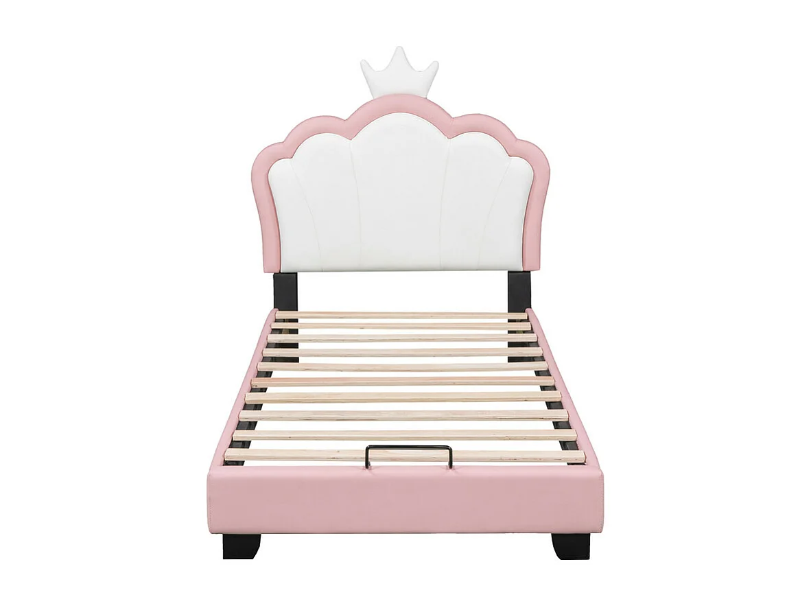 Lit enfant avec tête de lit en forme de couronne + sommier à lattes - 90x200cm - similicuir - Rose