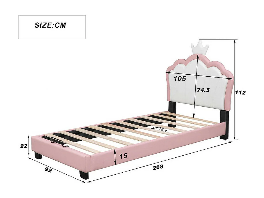 Lit enfant avec tête de lit en forme de couronne + sommier à lattes - 90x200cm - similicuir - Rose