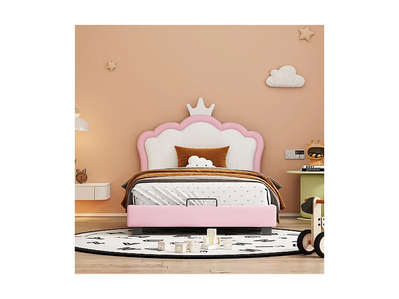 Cama infantil con cabecero en forma de corona + somier - 90x200cm - polipiel - Rosa