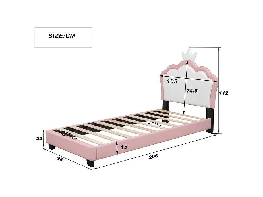 Cama infantil con cabecero en forma de corona + somier - 90x200cm - polipiel - Rosa