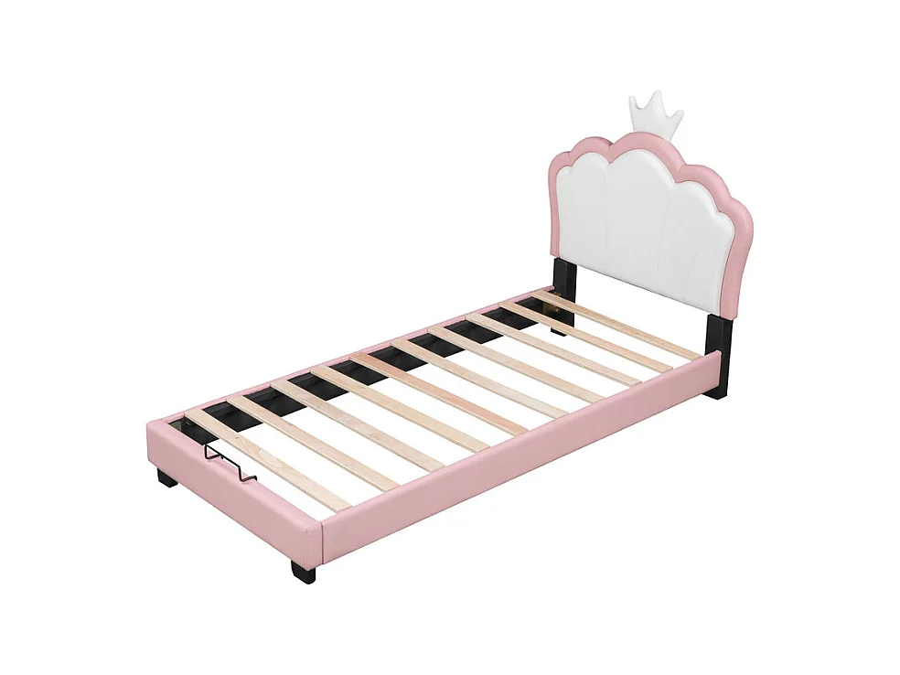 Cama infantil con cabecero en forma de corona + somier - 90x200cm - polipiel - Rosa