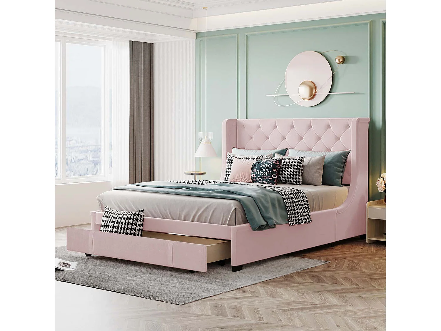 Lit rembourré en lin avec sommier à lattes + tiroir - 140x200cm - Rose