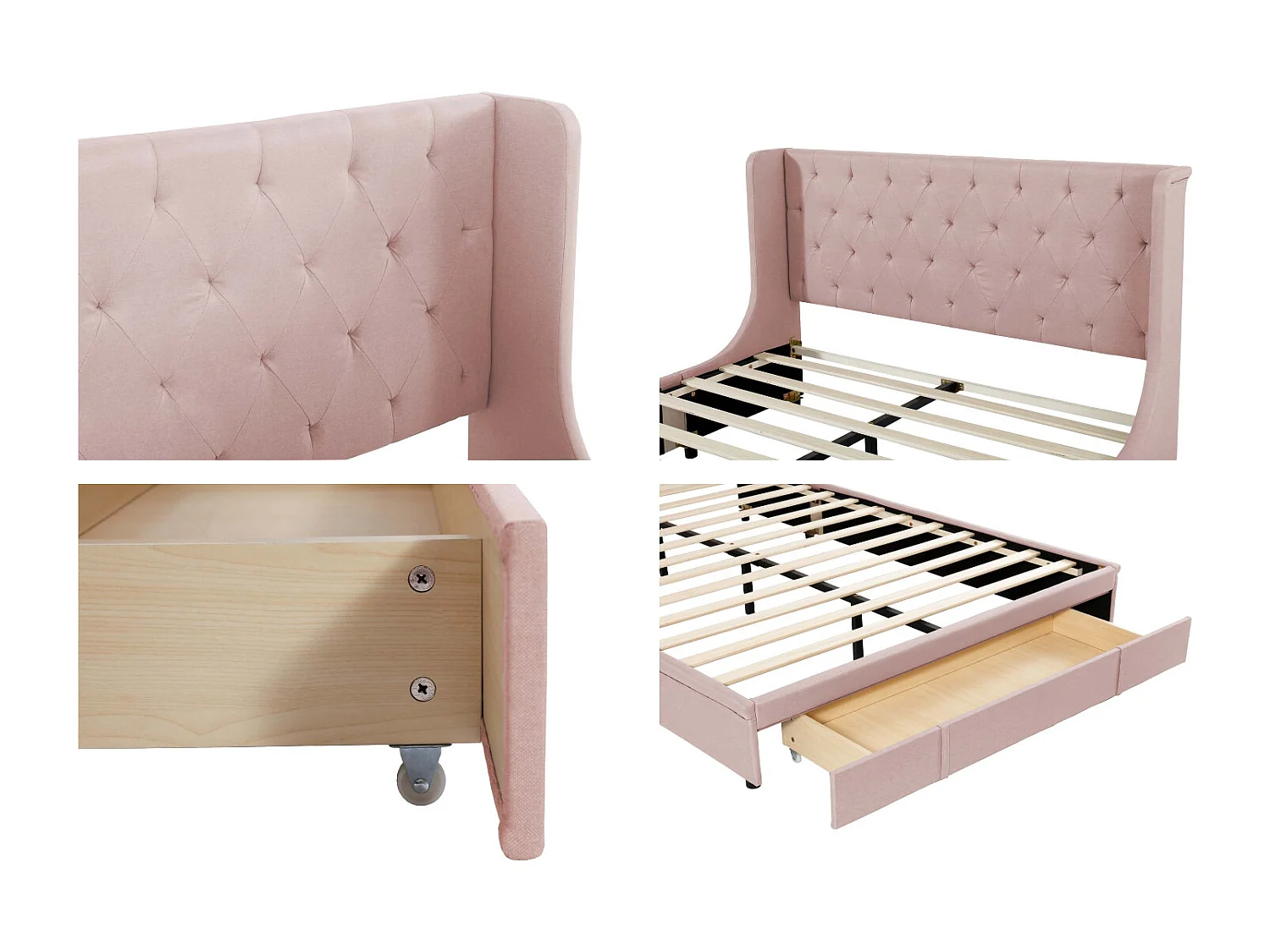 Lit rembourré en lin avec sommier à lattes + tiroir - 140x200cm - Rose